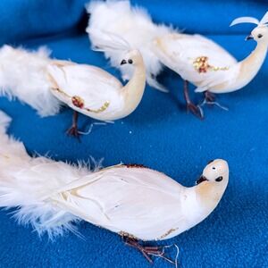 3 Vintage White Feather Birds Gold Glitter Beads Holiday Wedding Christmas